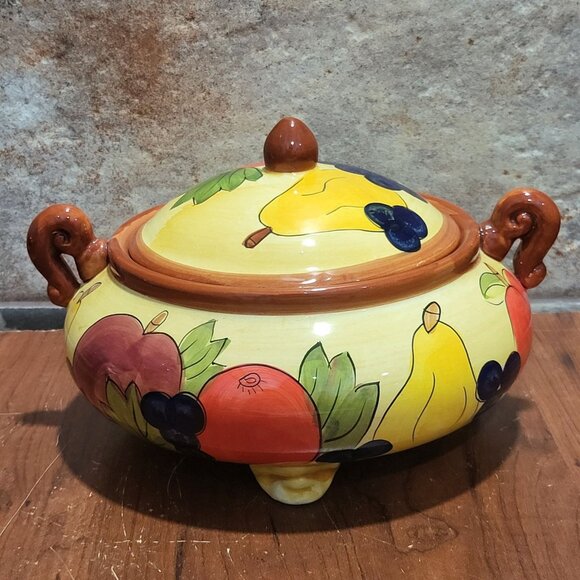 Vintage Ceramic Serving Bowl with Lid Footed Fruit Design - Picture 3 of 10